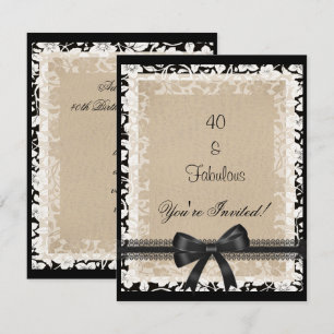 Party Fabulous 40. Schwarz Weiß Beige Blumenmuster Einladung