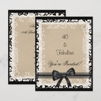 Party Fabulous 40. Schwarz-weiß Beige Blüte Einladung