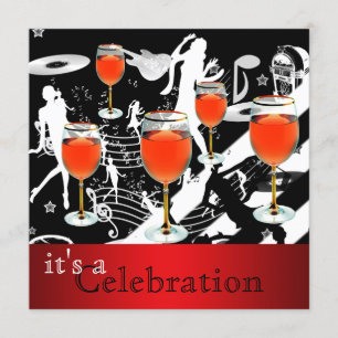 Party-Feier Rotwein Glas Retro-Musik Einladung