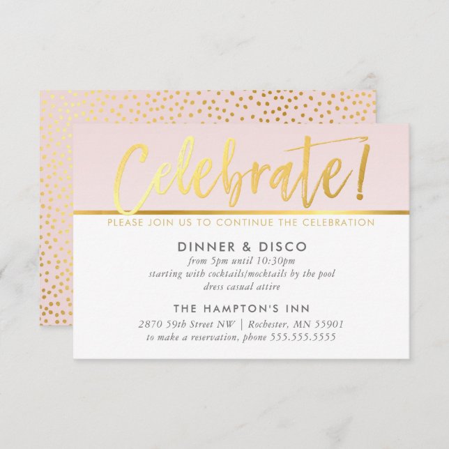 PARTY FEIERKARTE Blassrosa Imitate Gold Einladung (Vorne/Hinten)