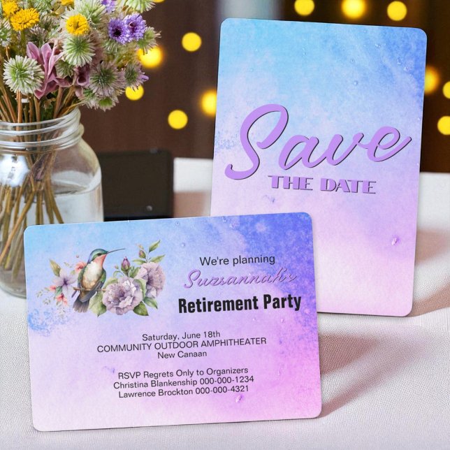 Party für Altersvorsorge Save the Date Hummingbird (front and back template save the date invitation)
