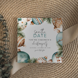 Party für aquamarine und goldene Weihnachtsbäume Save The Date