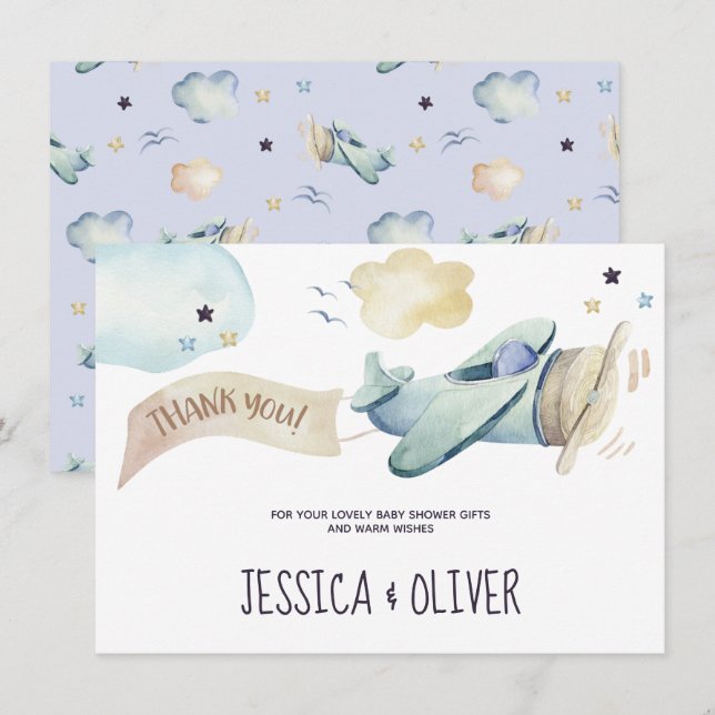 Party für Aquarellflugzeuge in Blau Dankeschön-Kar Einladung (Vorne/Hinten)