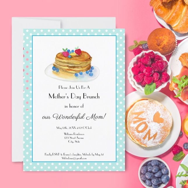 Party für das Brunch der Mutter mit Wasserfarbe Einladung (Celebrate your Mom with this lovely watercolor pancake brunch invitation. )