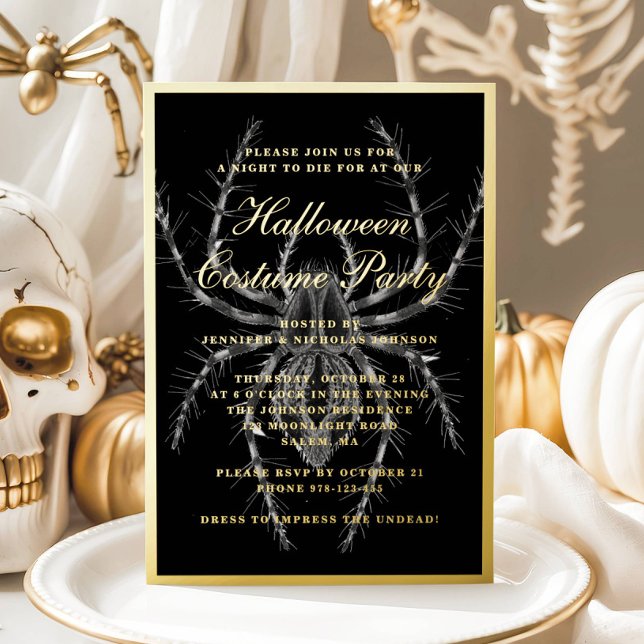 Party für das graue Spieglein Folieneinladung (Creepy Spider Halloween Costume Party Gold Foil Invitation)
