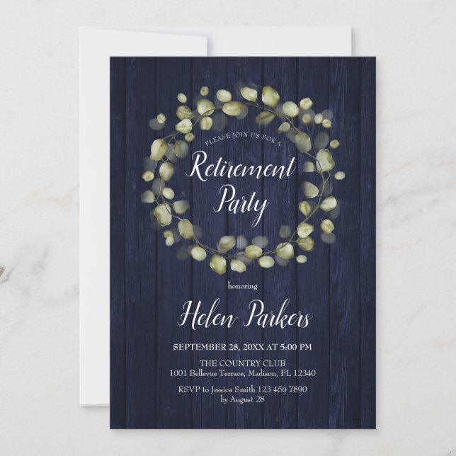 Party für das Ruhestand Navy Blue Botanic Wreath Einladung (Vorderseite)
