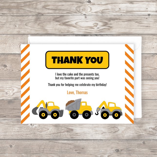 Party für den Bau von Lkw Dankeskarte (Construction Truck Thank You card with yellow trucks and orange stripes)