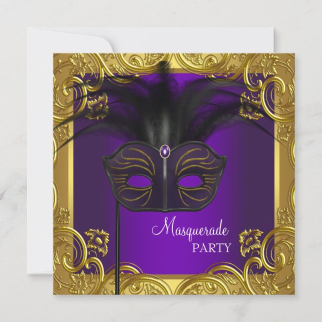 Party für die Masquerade mit lila und goldenen Mas Einladung (Vorderseite)