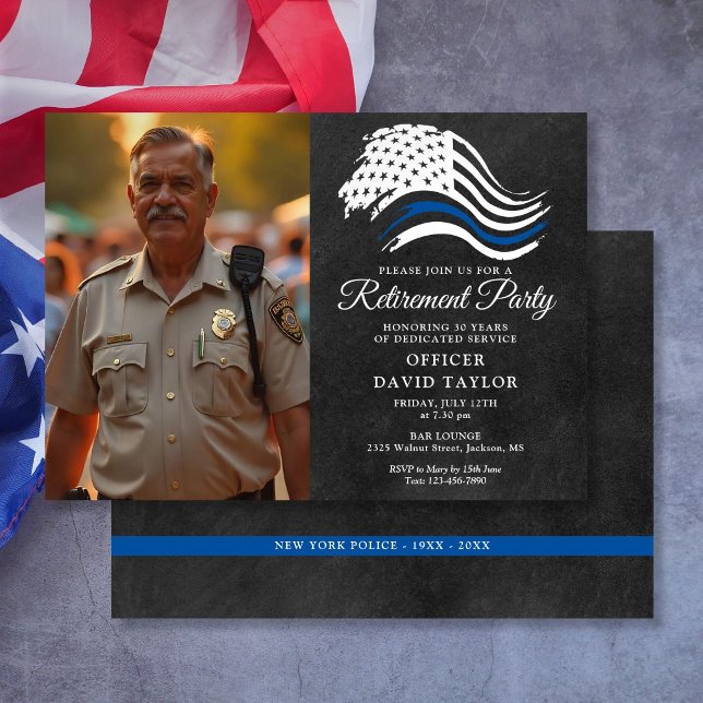 Party für die Polizeieinweisung "Thin Blue Line"-F Einladung (Police Retirement Party Thin Blue Line Flag Photo Invitation)