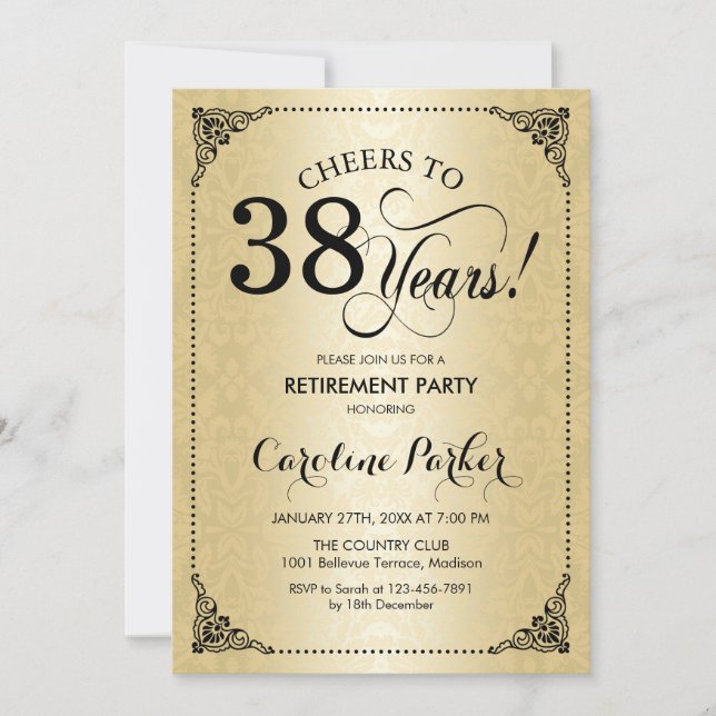 Party für die Ruhestandszeit - Goldschwarzer Damas Einladung (Vorderseite)