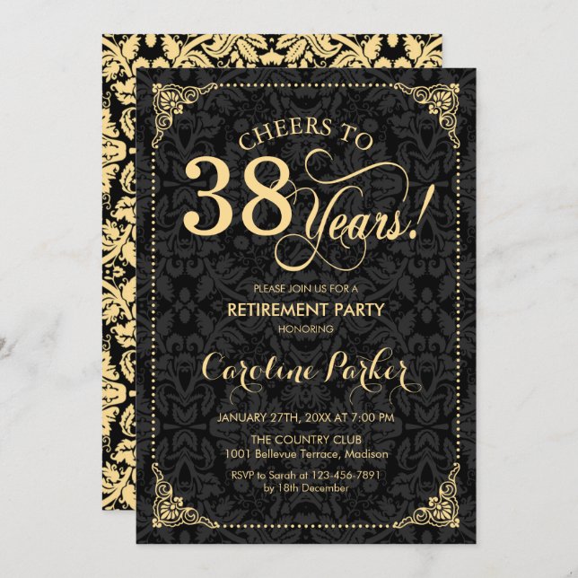 Party für die Ruhestandszeit - Goldschwarzer Damas Einladung (Vorne/Hinten)