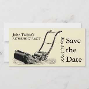 Party für die Ruhestandszeit von Vintagen Rasenmäh Save The Date