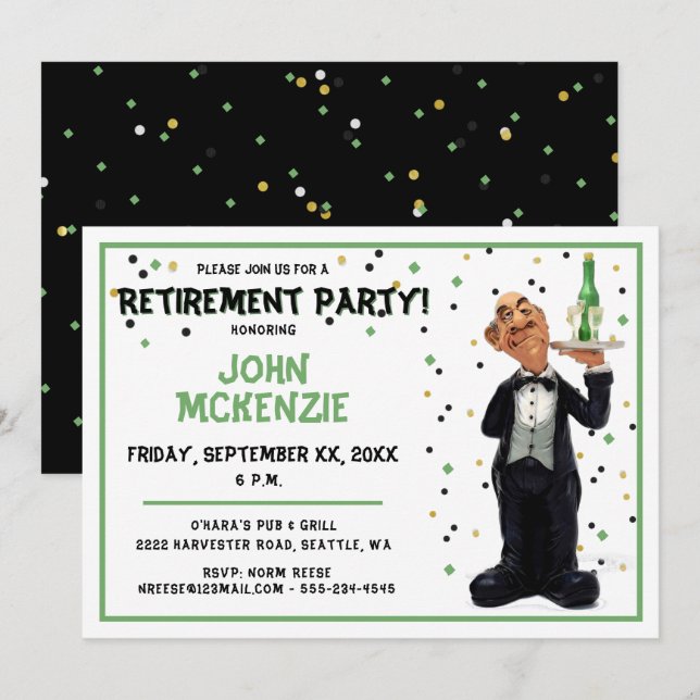 Party für die Ruhestandszeit - Witziger Kellner Einladung (Vorne/Hinten)