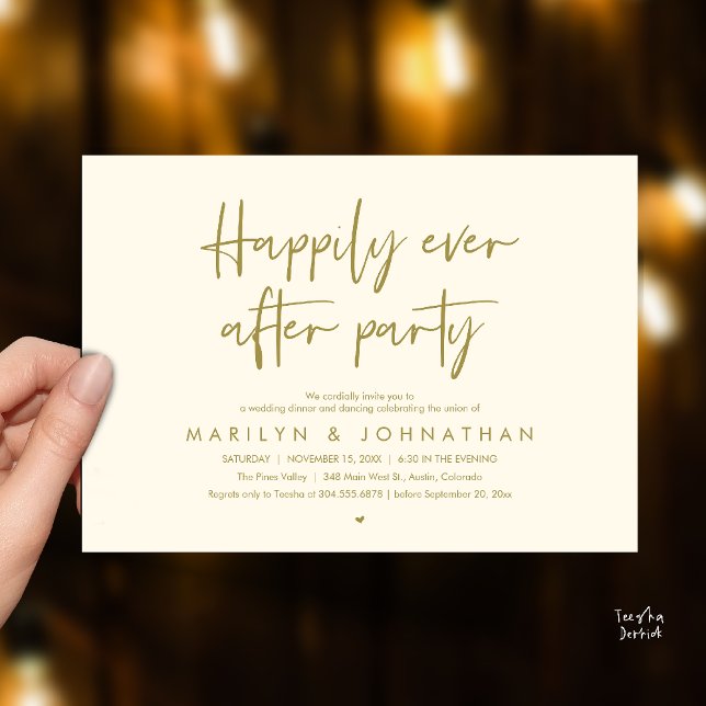 Party für ein glückliches Leben danach, Hochzeitsd Einladung (Happily Ever After Party, Wedding Dinner Dancing Invitation Card in Yellow Gold)