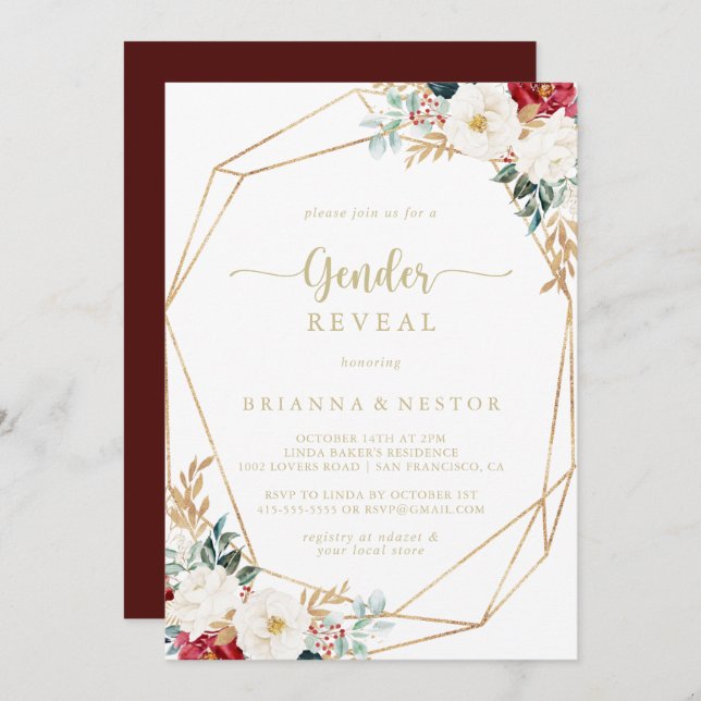 Party für geometrisches Classic Gold Floral Gender Einladung (Vorne/Hinten)