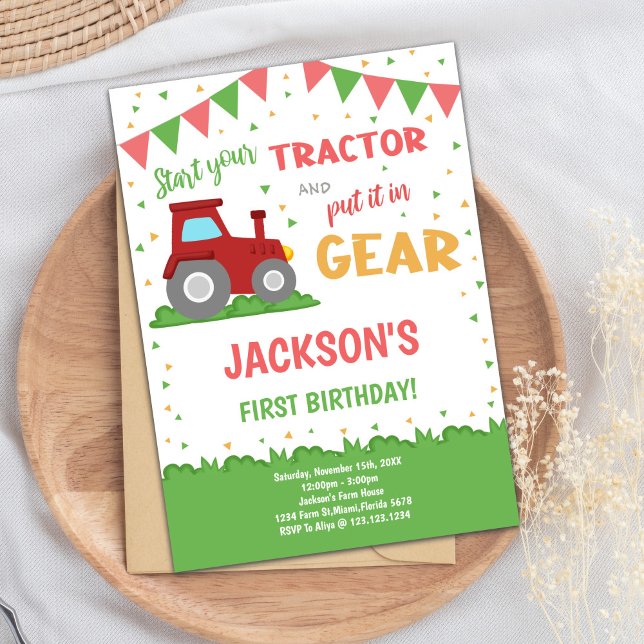 Party für Jungen Einladung (Red Flags Tractor Birthday Invitations)