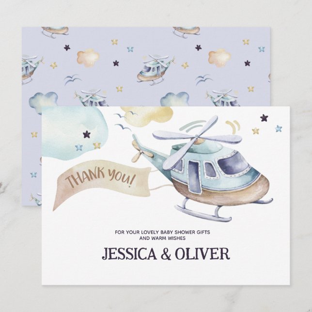 Party für Watercolor-Hubschrauber in Blau Dankesch Einladung (Vorne/Hinten)
