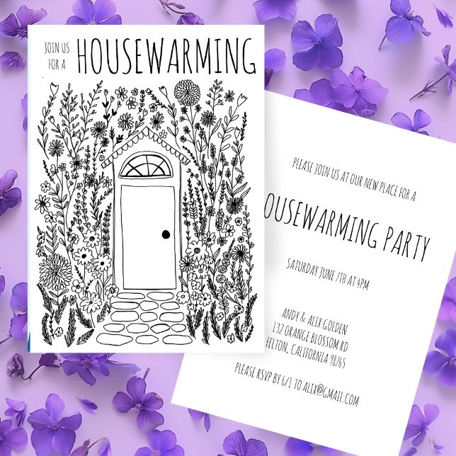 PARTY-Gärtnerei, handgezogene Doodle Einladung (HOUSEWARMING PARTY Garden Door Hand Drawn Doodle Invitation Black and White line art
)