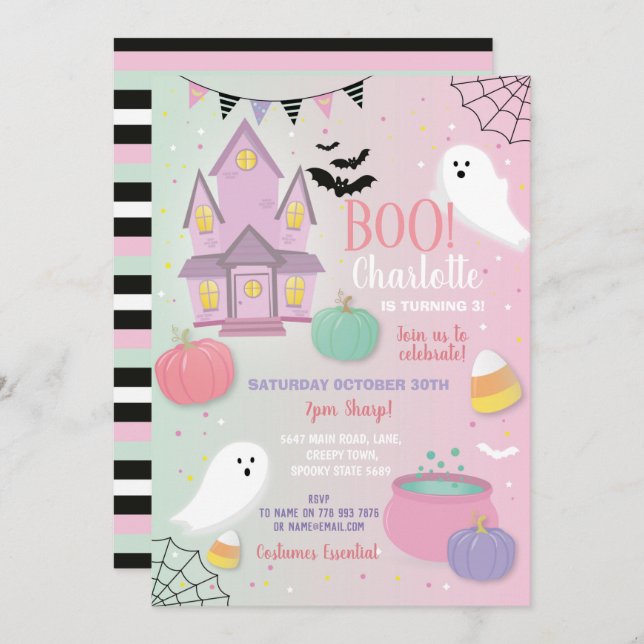 Party-Geister von Boo Kids Halloween Pink Mint Fun Einladung (Vorne/Hinten)