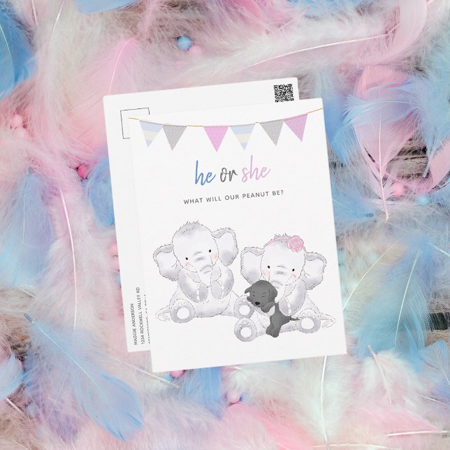 Party "Gender Reveal Modern Elephants" Postkarte (Von Creator hochgeladen)