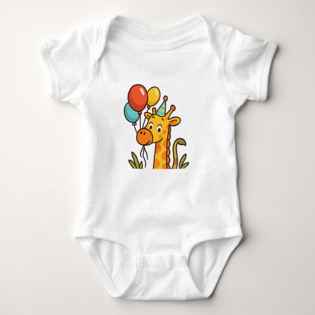 Party Giraffe Baby T-Shirt mit Balloons & Glöckche Baby Strampler (Vorderseite)