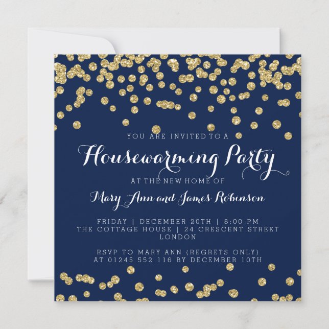 Party Gold Glitzer Confetti Navy Blue Einladung (Vorderseite)