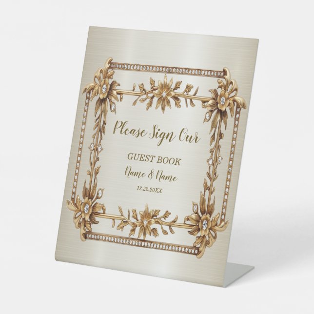 Party Gold Verziert Rectangle Dimond Blume Shiny Sockelschild (Vorderseite)