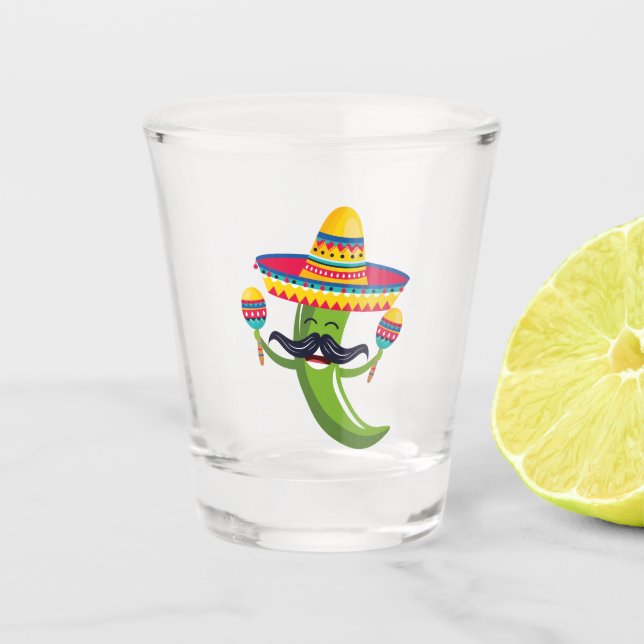 Party Green Chili Pepper in Sombrero mit Maracas Schnapsglas (Vorderseite)