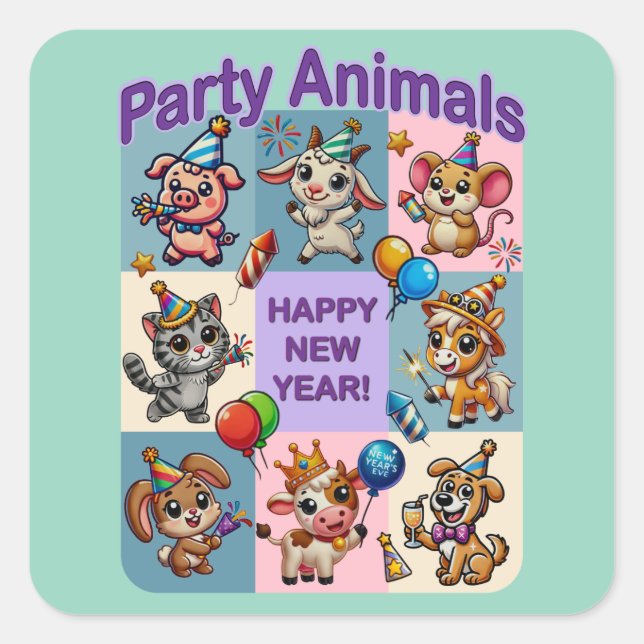 Party "Happy New Year" Quadratischer Aufkleber (Vorderseite)