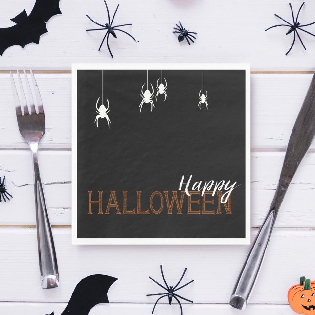 Party Happy Orange Halloween Spiders | PARTY Serviette (These napkins with spiders dropping in are the perfect addition to your spooky Halloween party.)