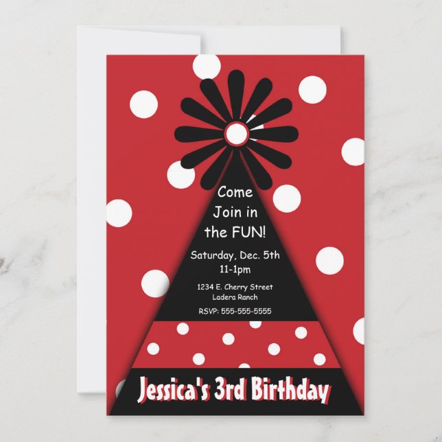 Party-Hut mit roter Polka-Punkt-Einladung Einladung (Vorderseite)