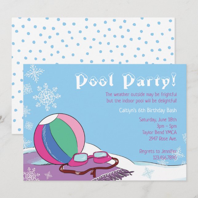 Party im Winter Girls Indoor Snowy Schwimmen Einladung (Vorne/Hinten)