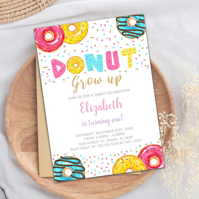 Party in rosa, rosa und grüne Farbe Einladung (Yellow Pink Green Donut Birthday Invitations)