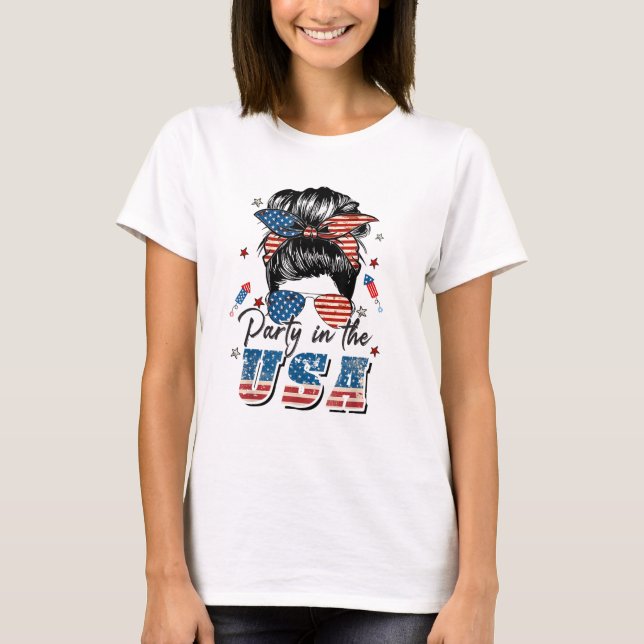 Party In USA Girls 4. Juli Messy Bun T-Shirt (Vorderseite)