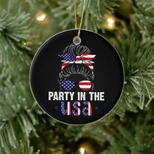 Party In USA Unordentlicher Dutt 4. Juli Patriotis Keramik Ornament