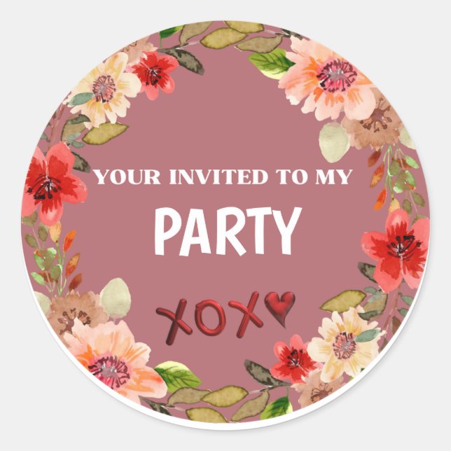 PARTY INVITE Floral Circle Aufkleber (Vorderseite)