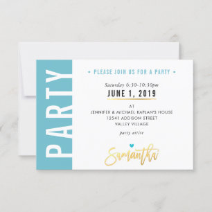 PARTY-KARTE süß türkis blau weiße Herzen Gold RSVP Karte