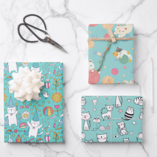 Party-Katzen Blaues Geschenkpapier Set