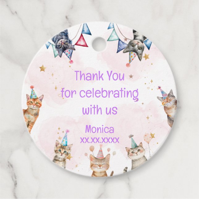 Party Katzen Meow-Kindergeburtstag vielen Dank Geschenkanhänger (Vorderseite)