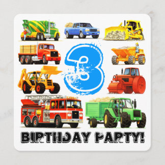 Party Kid's 3. Geburtstag Bautransporter Einladung