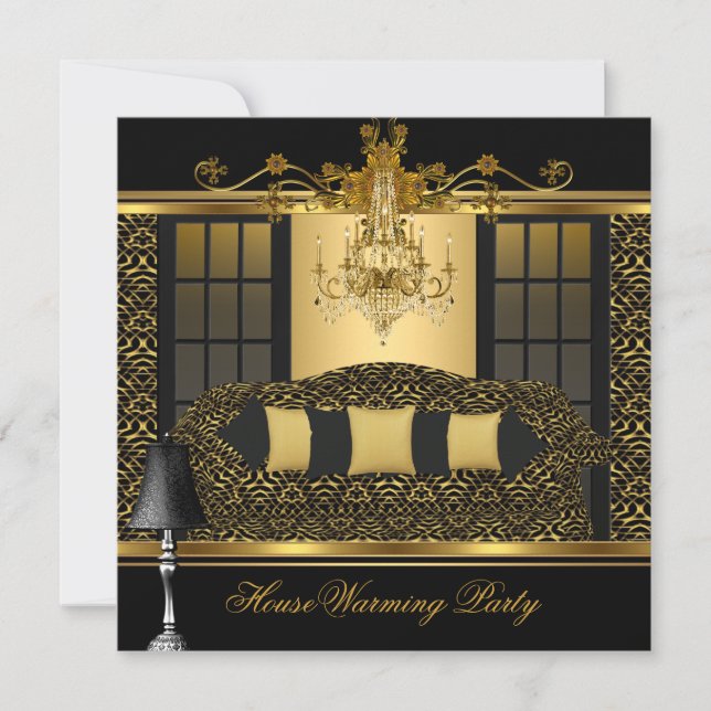 Party Kronier Damask Gold Schwarz Einladung (Vorderseite)