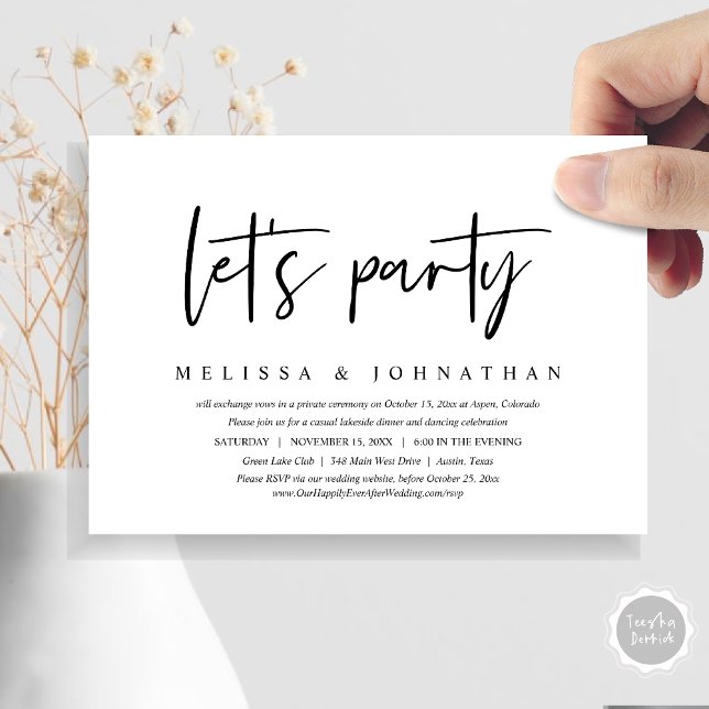 Party, Lässiges Hochzeitsessen Einladung (Let's Party, Post Wedding Elopement Dinner and Party Celebration Invitation Card, in Black and White)