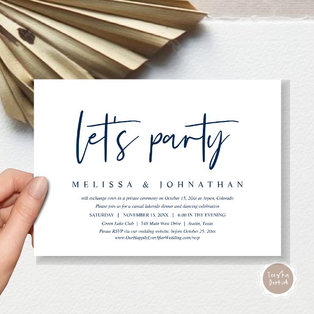 Party, Lässiges Hochzeitsessen Einladung (Let's Party, Post Wedding Elopement Dinner and Party Celebration Invitation Card, in Navy Blue)
