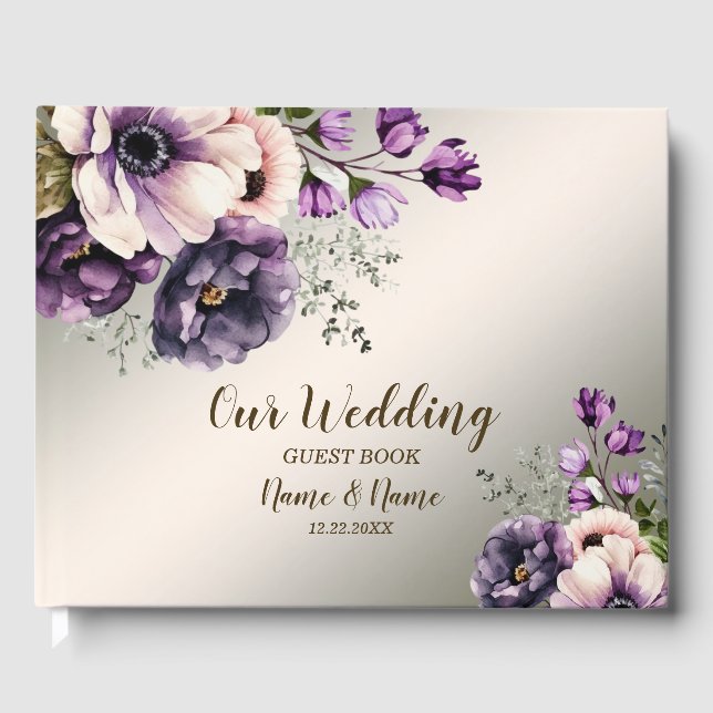 Party Lila Rosa Blume Goldene Eleganz Gästebuch (Vorderseite)