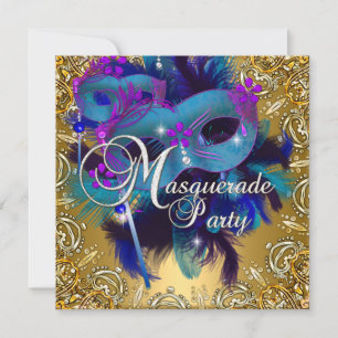 Party Masquerade Blue Gold Lila Einladung