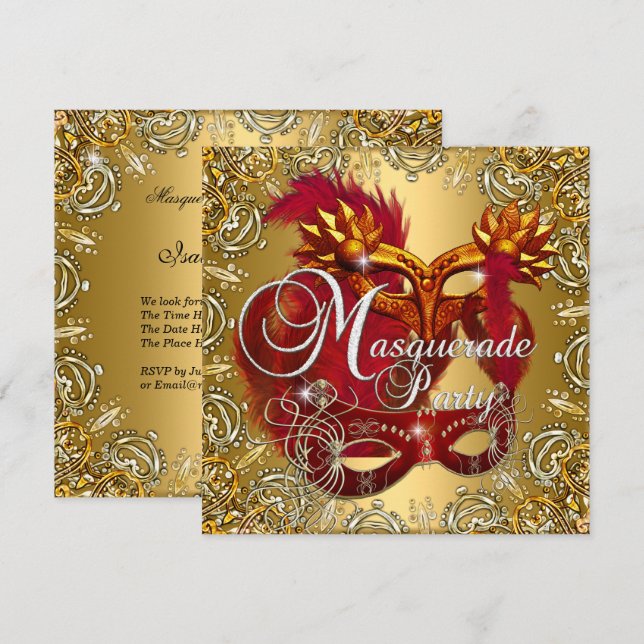 Party Masquerade Red Gold Silver Einladung (Vorne/Hinten)