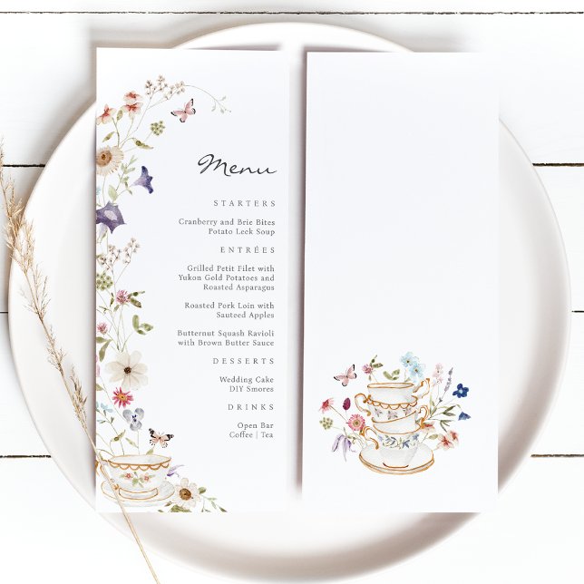 Party mit Blumenkost Menükarte (Wildflower Watercolor Floral with Butterflies Tea Party Menu by Painted Paperie
)