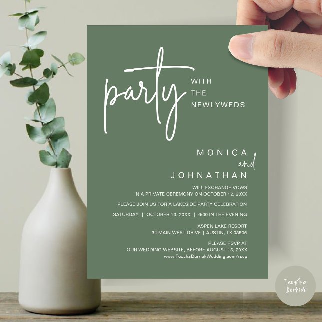 Party mit den Neugeborenen, Hochzeitsessen Einladung (Party with the newlyweds, Post wedding dinner celebration invitation card, PDF, in Sage Green)