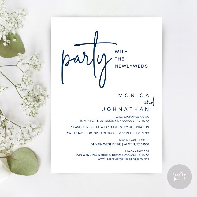 Party mit den Neugeborenen, Hochzeitsessen Einladung (Party with the newlyweds, Post wedding dinner celebration invitation card, PDF, in Navy Blue)