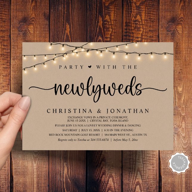 Party mit den Neugierigen, rustikales Hochzeitsess Einladung (Party With The Newlyweds, Rustic Wedding Dinner Invitation Card, PDF, String Lights Brown Kraft)